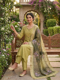 Elaichi Green Handwork Mul Chanderi Kurta Set