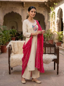 Cream Embroidered Khadi Cotton Kurta Set