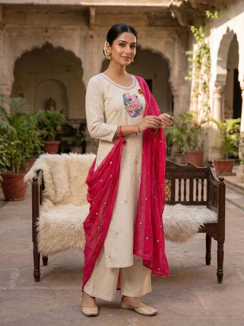 Cream Embroidered Khadi Cotton Kurta Set