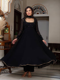 Designer Black Embroidered Kurta Pant Dupatta Set