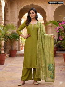 Premium Embroidered Kurta Set with Botanical Print Dupatta