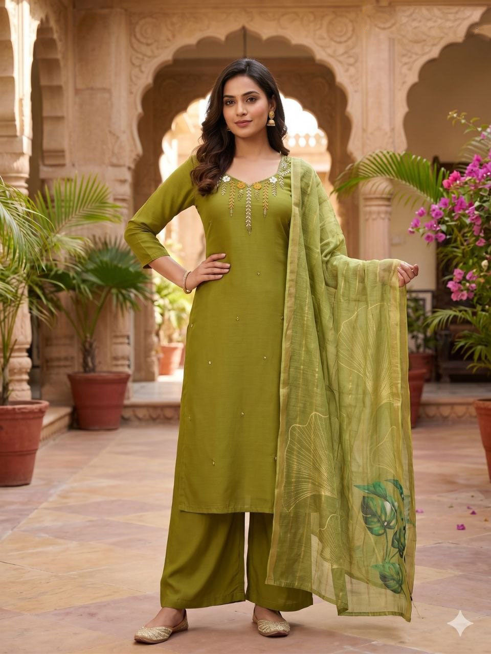 Parrot Green Handwork Mul Chanderi Kurta Set Main image