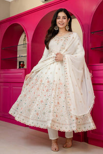 White Sequins Embroidered Kurta Sharara Set with Dupatta