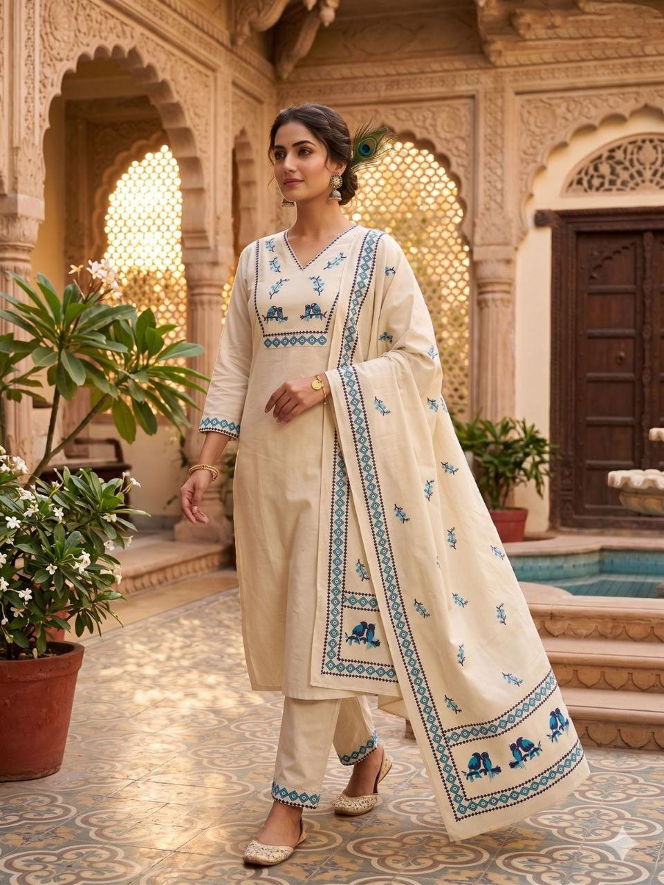 Heritage Bird Embroidered Kurta Set with Designer Printed Dupatta Main image