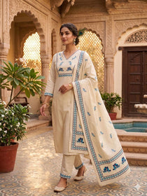 Heritage Bird Embroidered Kurta Set with Designer Printed Dupatta