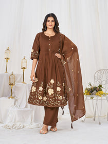 Multi-Thread Embroidered Cotton Anarkali Kurti Set with Dupatta