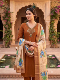 Coffee Chanderi Handwork Suit Set With Jacquard Dupatta