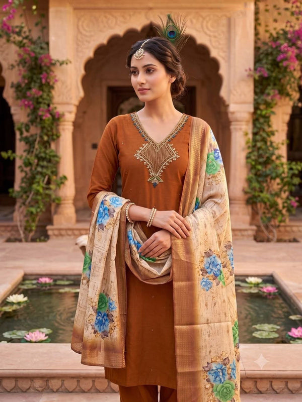 Coffee Chanderi Handwork Suit Set With Jacquard Dupatta
