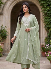 Pista Mul Chanderi Embroidered A-Line Kurta Set with Dupatta