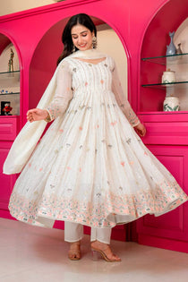 White Multi-Zari Embroidered Anarkali Suit Set