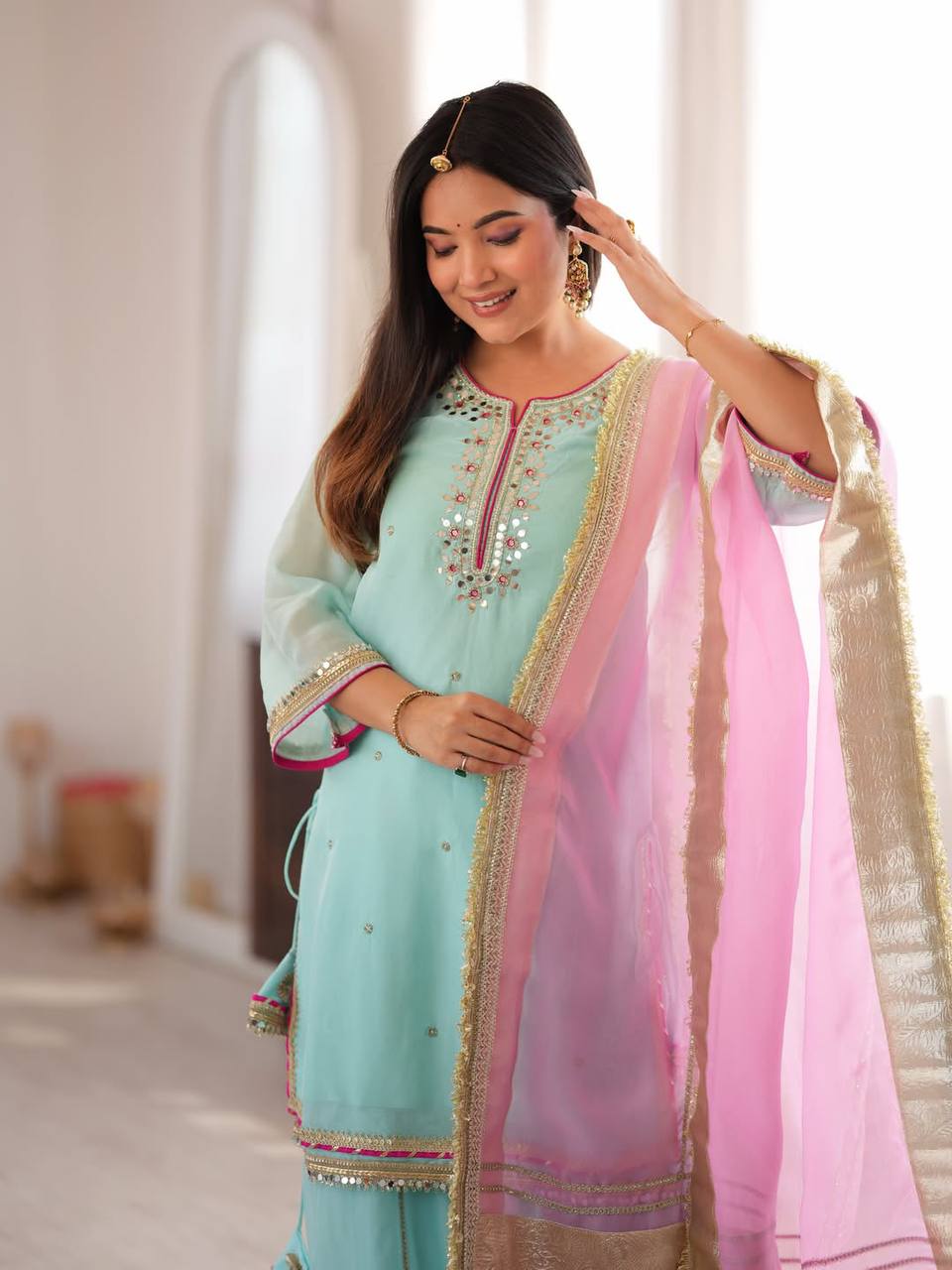 Parrot Green Embroidered Sharara Suit Set