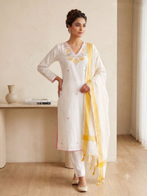 White Khadi Cotton Embroidered Kurta Pant Dupatta Set
