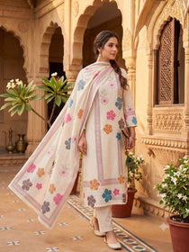 Cream Khadi Cotton Embroidered Kurta Set