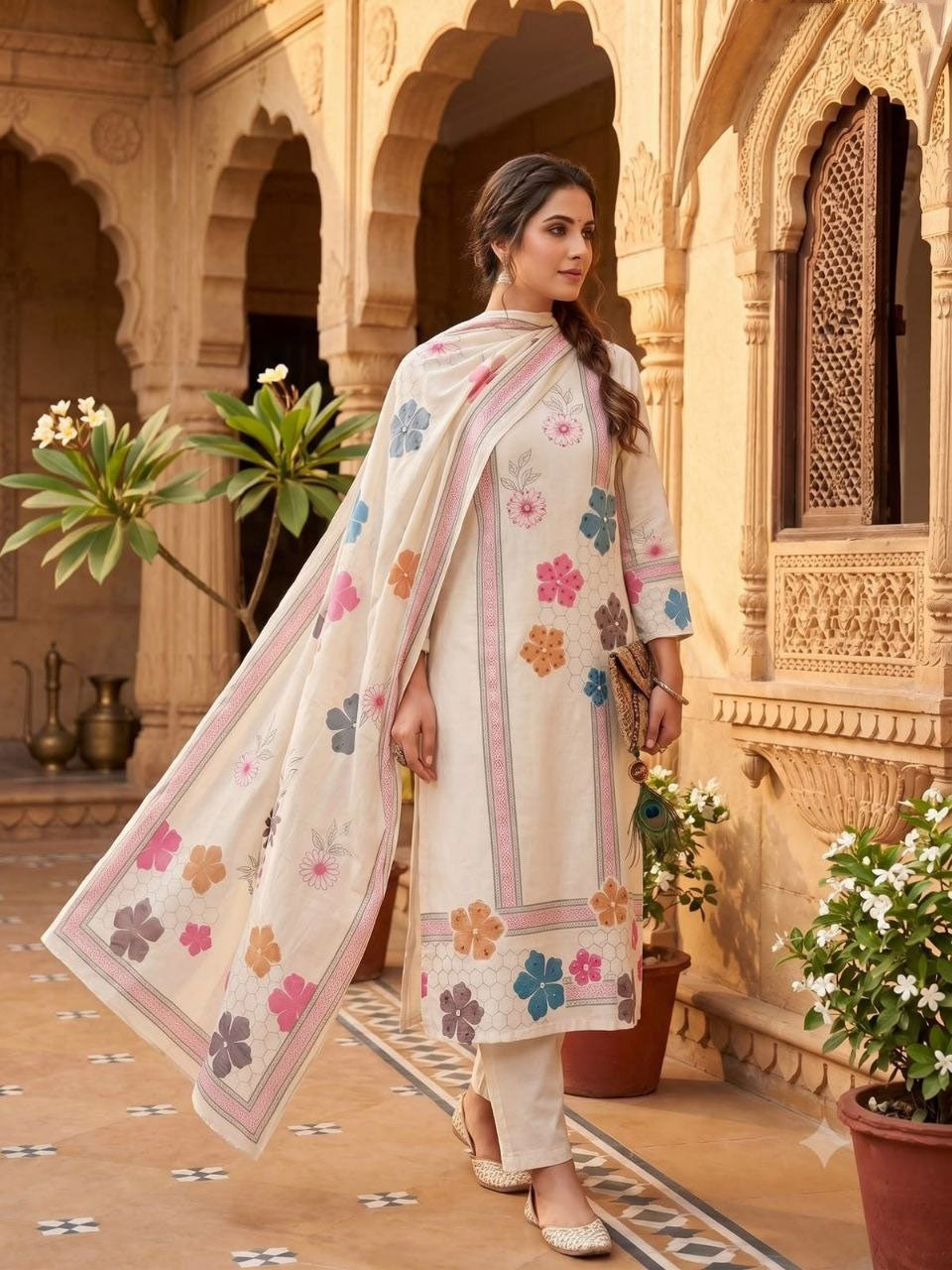 Cream Khadi Cotton Embroidered Kurta Set