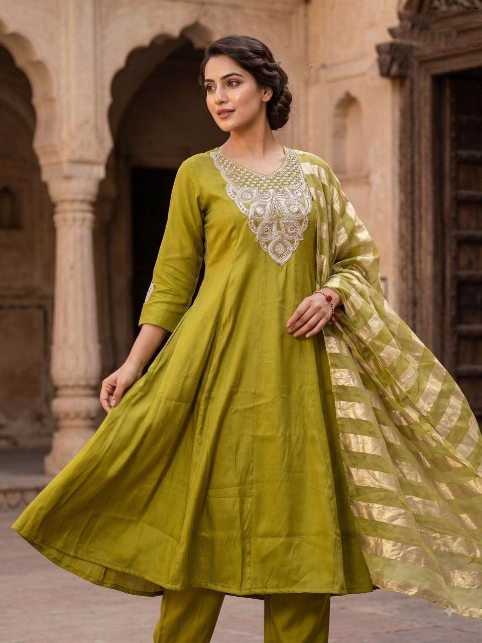 Parrot Green Beaded Roman Silk Anarkali Suit Set