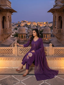 Purple Pure Cotton Embroidered A-Line Kurta Set