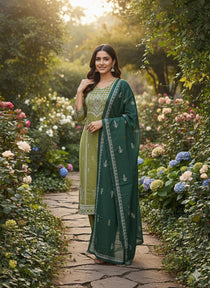 Pista Green Cotton Mirror Work Kurta Pant Dupatta Set