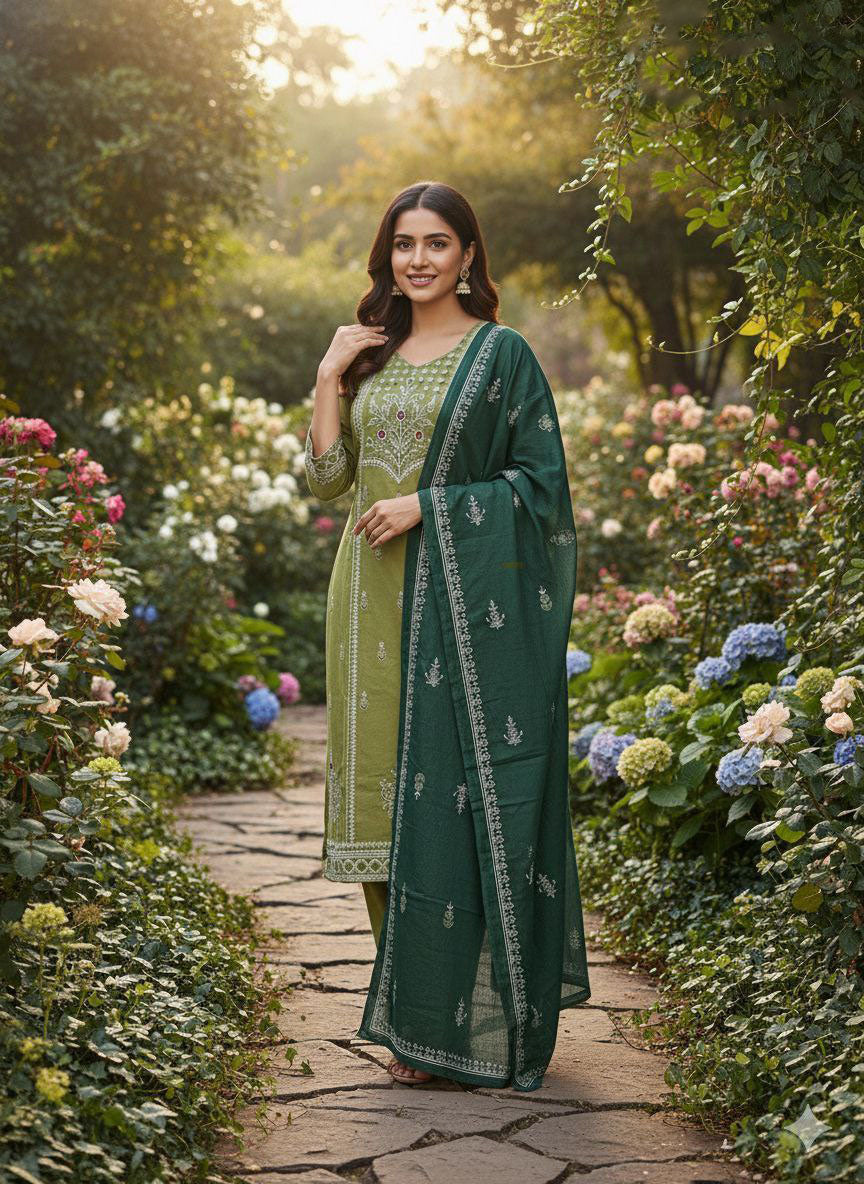 Pista Green Cotton Mirror Work Kurta Pant Dupatta Set