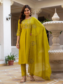 Rust Pure Viscose Mango Silk Embroidered Kurta Set