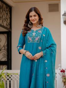 Rust Viscose Mango Silk Embroidered Kurta Set