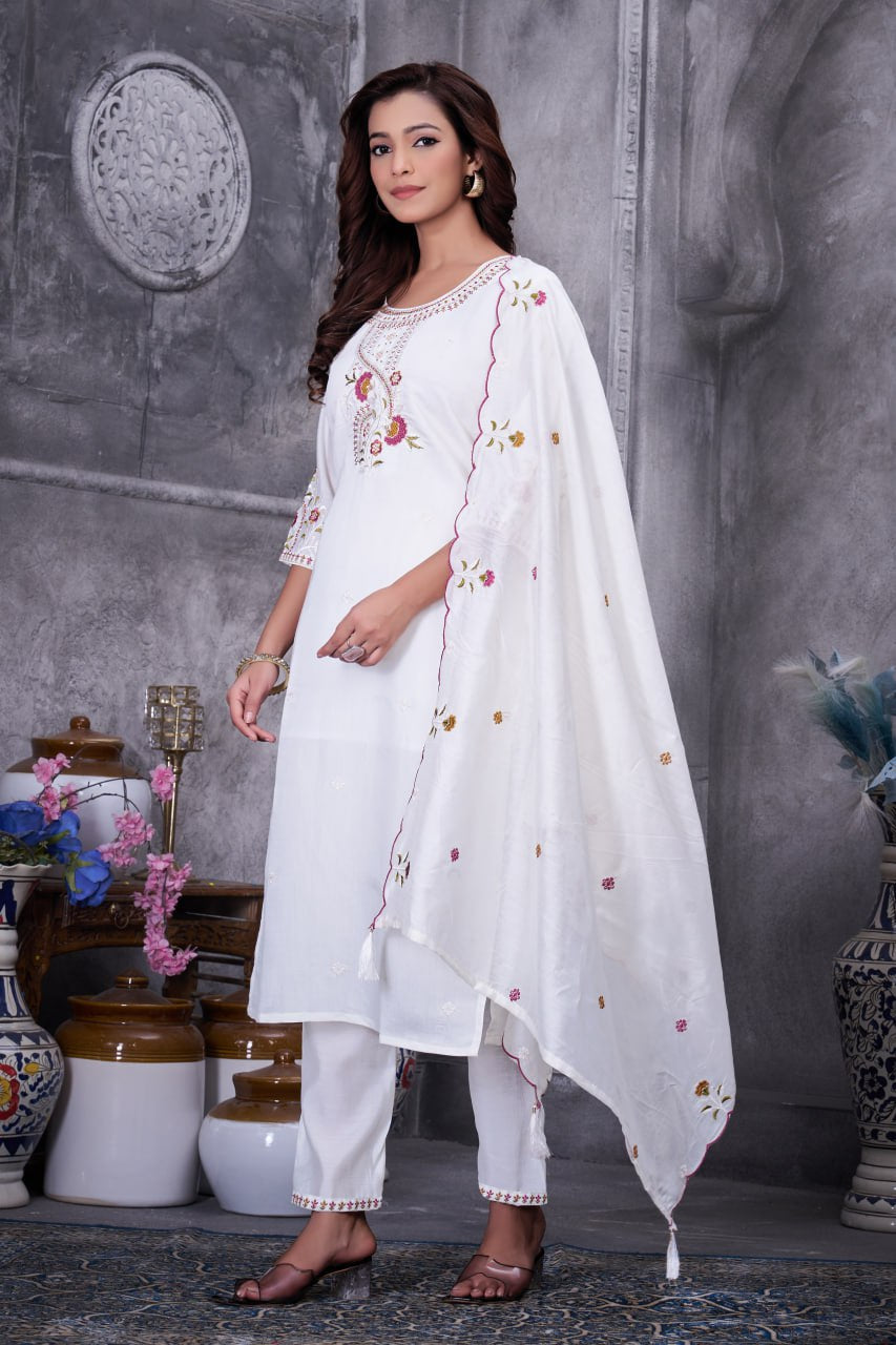 Multi Embroidery Roman Silk Kurti Pant Dupatta Set