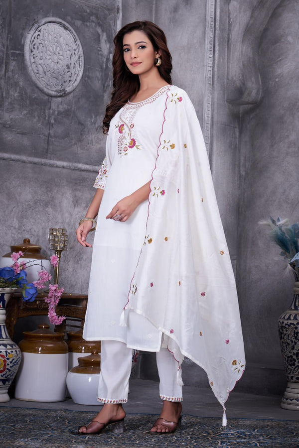 Multi Embroidery Roman Silk Kurti Pant Dupatta Set