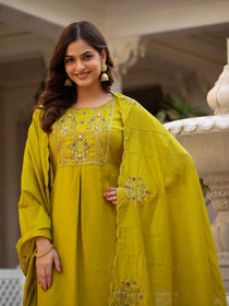 Rust Pure Viscose Mango Silk Embroidered Kurta Set