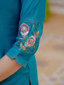 Rust Viscose Mango Silk Embroidered Kurta Set