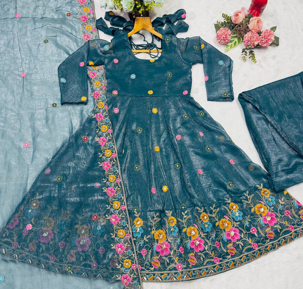 Multi Embroidery Sequins Work Anarkali With Palzzo Suit