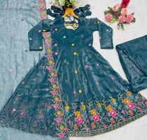 Multi Embroidery Sequins Work Anarkali With Palzzo Suit