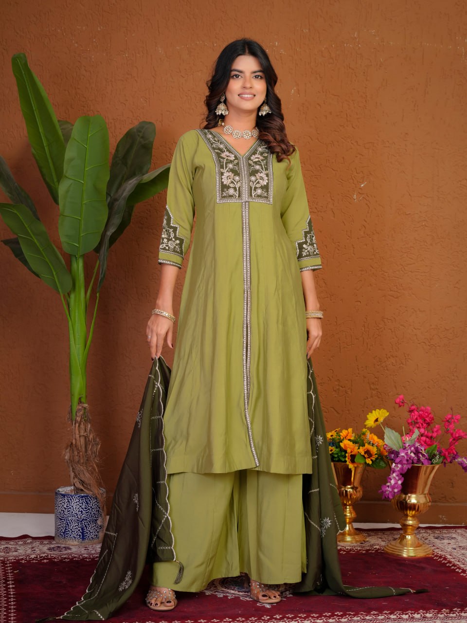 Roman Silk Embroidered Anarkali Kurti Plazo Set