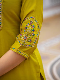 Rust Pure Viscose Mango Silk Embroidered Kurta Set