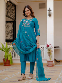 Rust Viscose Mango Silk Embroidered Kurta Set