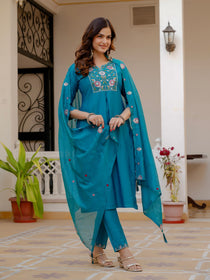 Rust Viscose Mango Silk Embroidered Kurta Set