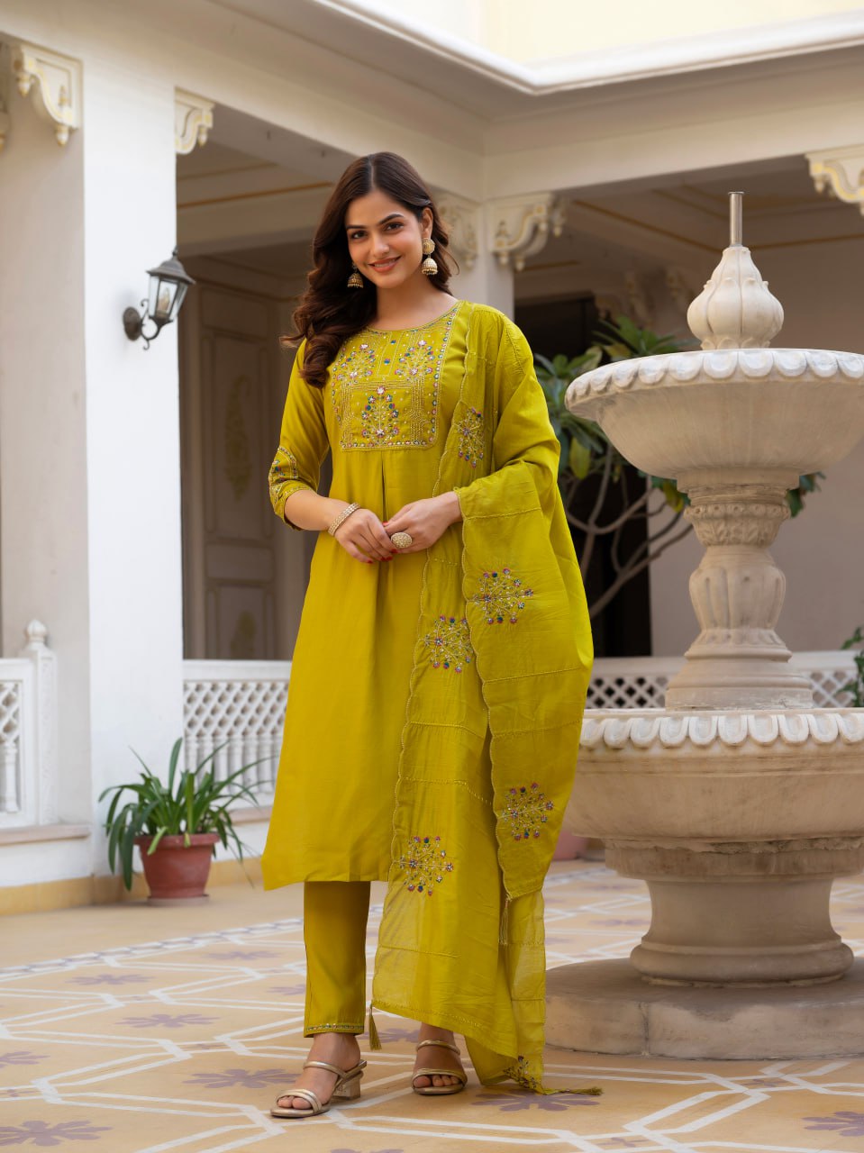 Designer Mango Silk Kurti Pant Dupatta Set