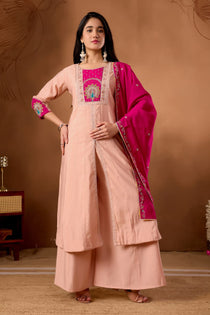 Light Pink Roman Silk Embroidered Anarkali Palazzo Set