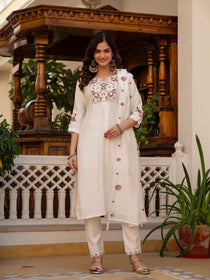 Rust Viscose Mango Silk Embroidered Kurta Set