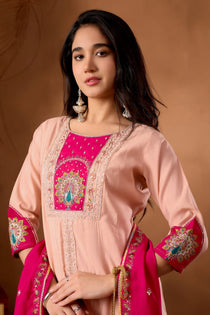Light Pink Roman Silk Embroidered Anarkali Palazzo Set