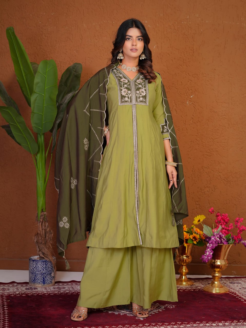 Roman Silk Embroidered Anarkali Kurti Plazo Set