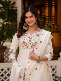 Rust Viscose Mango Silk Embroidered Kurta Set