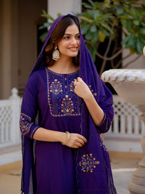 Rust Pure Viscose Mango Silk Embroidered Kurta Set