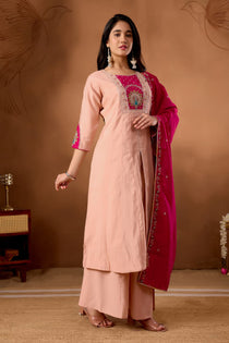 Light Pink Roman Silk Embroidered Anarkali Palazzo Set