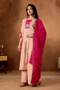 Light Pink Roman Silk Embroidered Anarkali Palazzo Set
