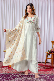 Off White Mango Silk Embroidered Kurta Palazzo Dupatta Set