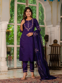 Violet Marina Silk Embroidered Kurta Pant Set with Maslin Dupatta