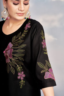 Black Heavy Rayon Embroidered Kurta Pant Set