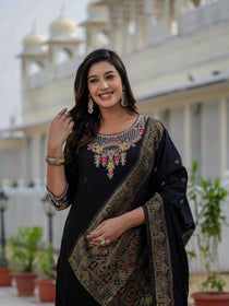Black Premium Roman Silk Embroidered Kurta Pant Dupatta Set