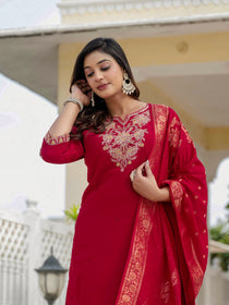 Maroon Premium Roman Silk Embroidered Kurta Pant Dupatta Set