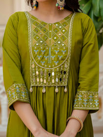 Mahendi Viscose Roman Silk Mirror Work Anarkali Suit Set