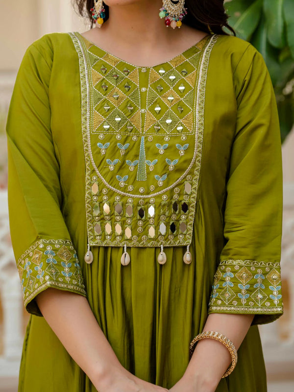 Real Mirror Work Anarkali Set with Chanderi Dupatta